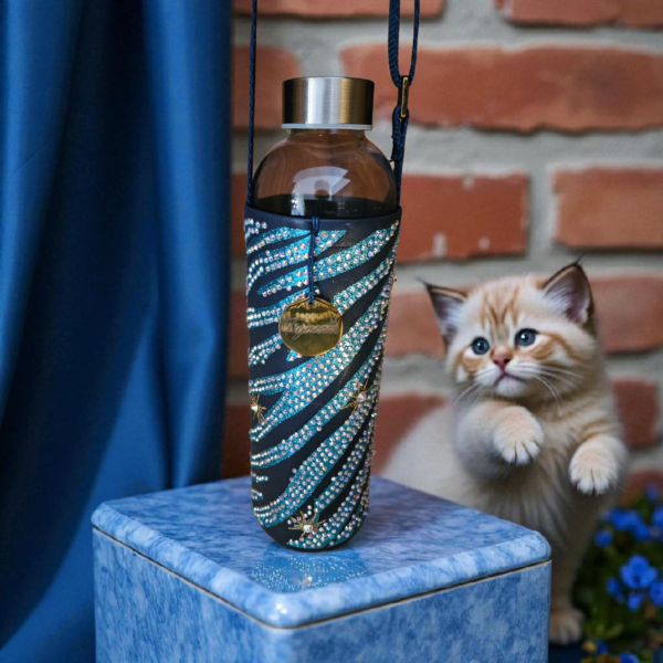 Glass Water Bottle in Faux Leather Rhinestone Sleeve 750ml - Image 2